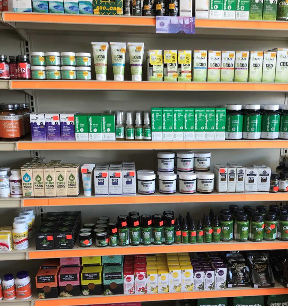 store shelves full of CBD products